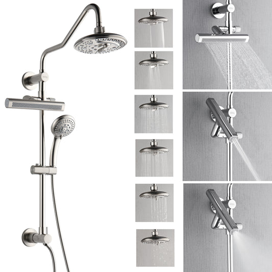 Forno Acqua AcquaFALL Shower, Brushed Nickel Finish, Overhead Rainfall Shower, 7 Way Diverter, Handheld Shower Head, Body Jets, 2.5 GPM Flow Rate