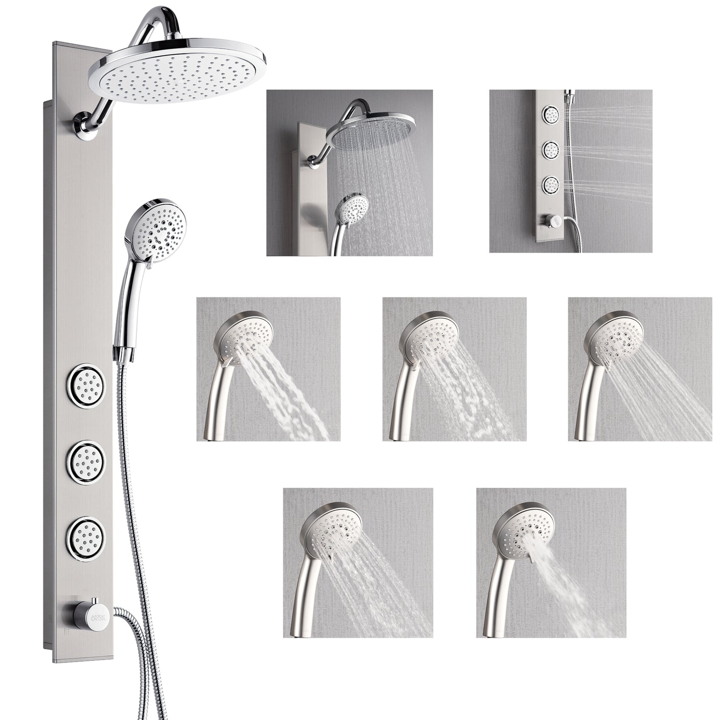 Forno Acqua AcquaSPA Shower Panel in Stainless Steel, Overhead Rainfall Shower, Handheld Shower Head, Body Jets, 1.8 GPM Flow Rate