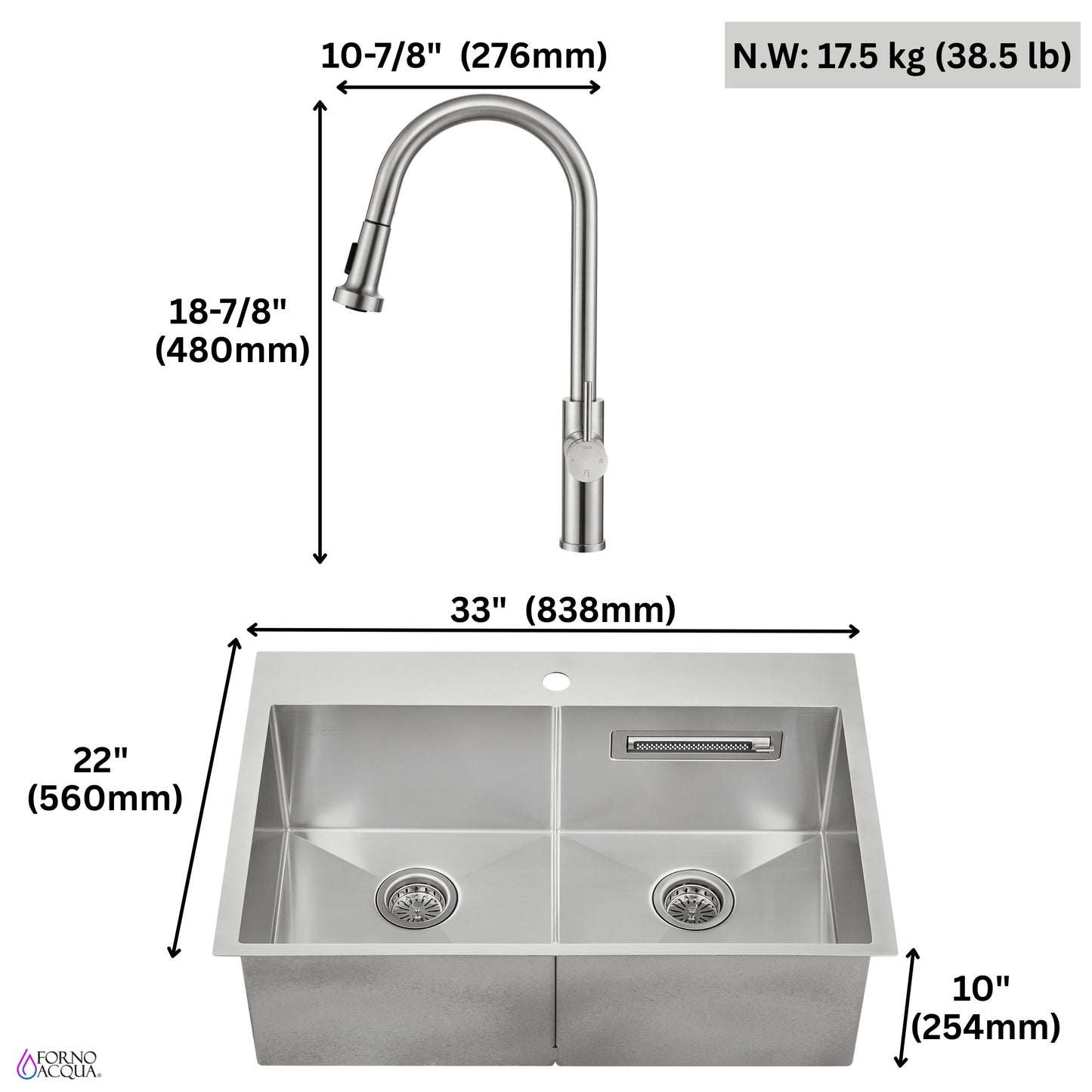 FORNO ACQUA 33 in. Drop-In/Undermount 50/50 Double Bowl Stainless Steel Sink with Faucet & Waterfall