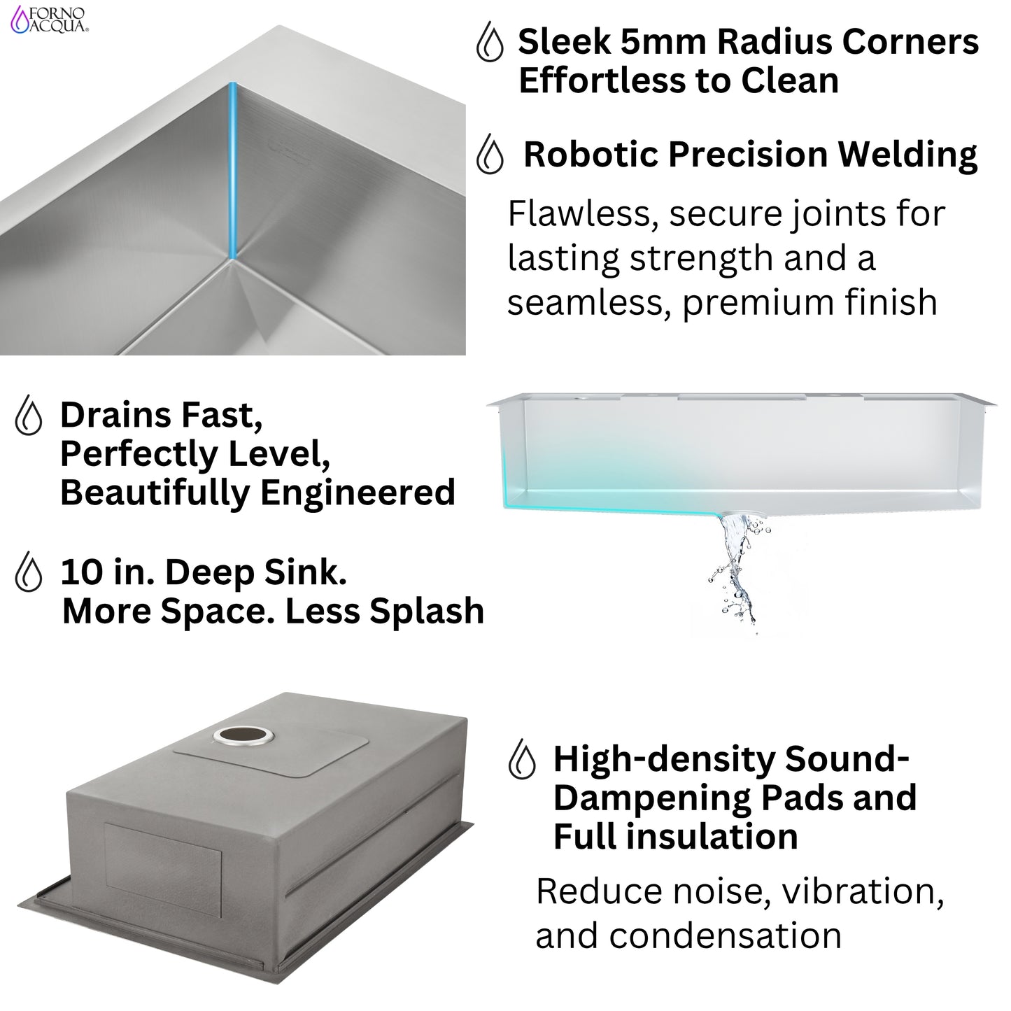FORNO ACQUA 45 in. Drop-In/Undermount 3-Level Workstation Sink with Two Faucets & Glass Rinser