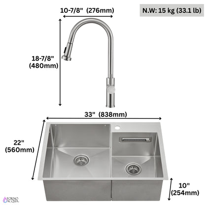 FORNO ACQUA 33 in. Drop-In/Undermount 40/60 Double Bowl Sink with Retractable Faucet & Waterfall