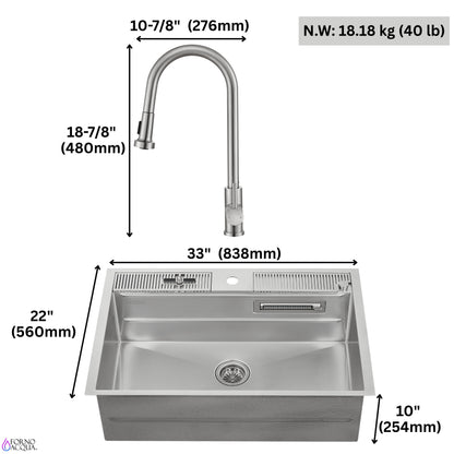 FORNO ACQUA 33 in. Drop-In/Undermount 3-Level Workstation Sink with Faucet, Waterfall & Glass Rinser