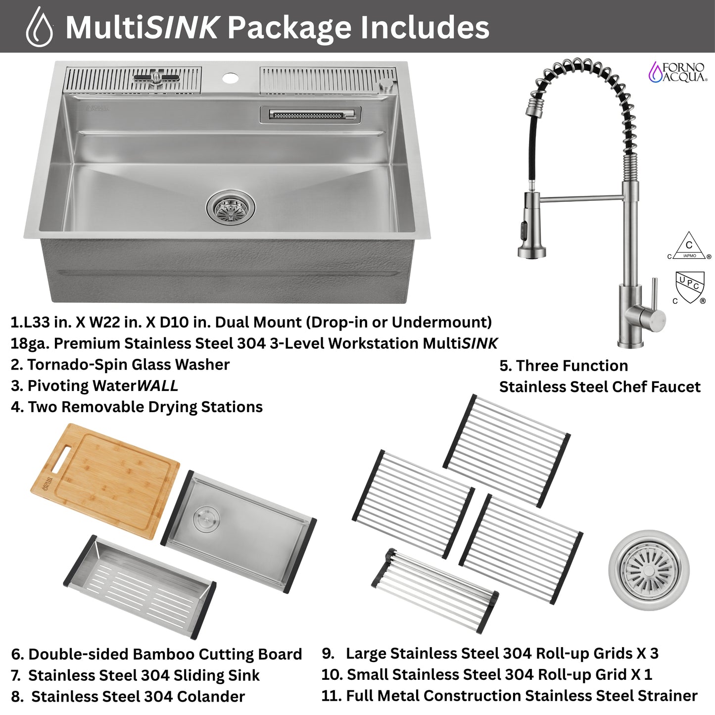 FORNO ACQUA MultiSINK kit with Integrated Waterfall Rinsing and Glass Washing Station.  Includes Chef Faucet and Accessories.