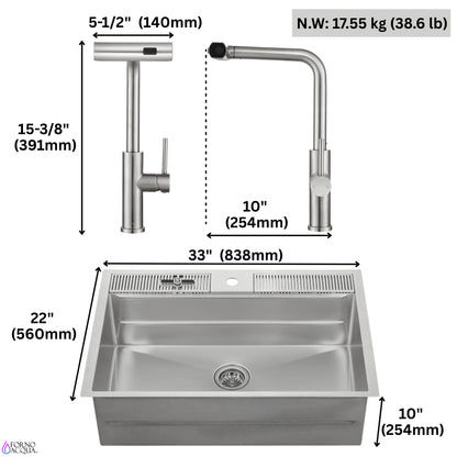 FORNO ACQUA 33 in. Drop-In/Undermount 3-Level Workstation Sink with Waterfall Faucet & Glass Rinser
