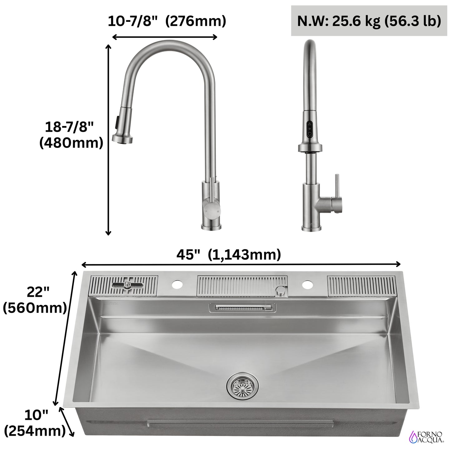 FORNO ACQUA 45 in. Drop-In/Undermount 3-Level Workstation Sink with Two Faucets & Glass Rinser