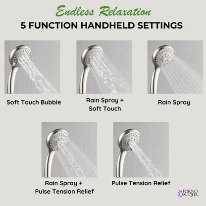 Forno Acqua AcquaFALL Shower, Brushed Nickel Finish, Overhead Rainfall Shower, 7 Way Diverter, Handheld Shower Head, Body Jets, 2.5 GPM Flow Rate