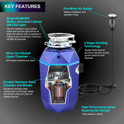 FORNO ACQUA BrightDIAMOND Amethyst 1HP Super Quiet Garbage Disposal Corded with Motion Sensor Cabinet Light & Pre-Wired Air Switch