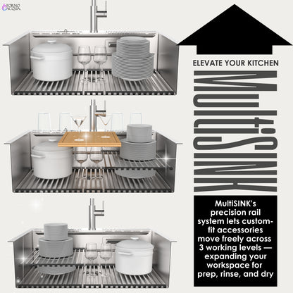 FORNO ACQUA 33 in. Drop-In/Undermount 3-Level MultiSINK Workstation Sink with Waterfall Faucet & Glass Rinser