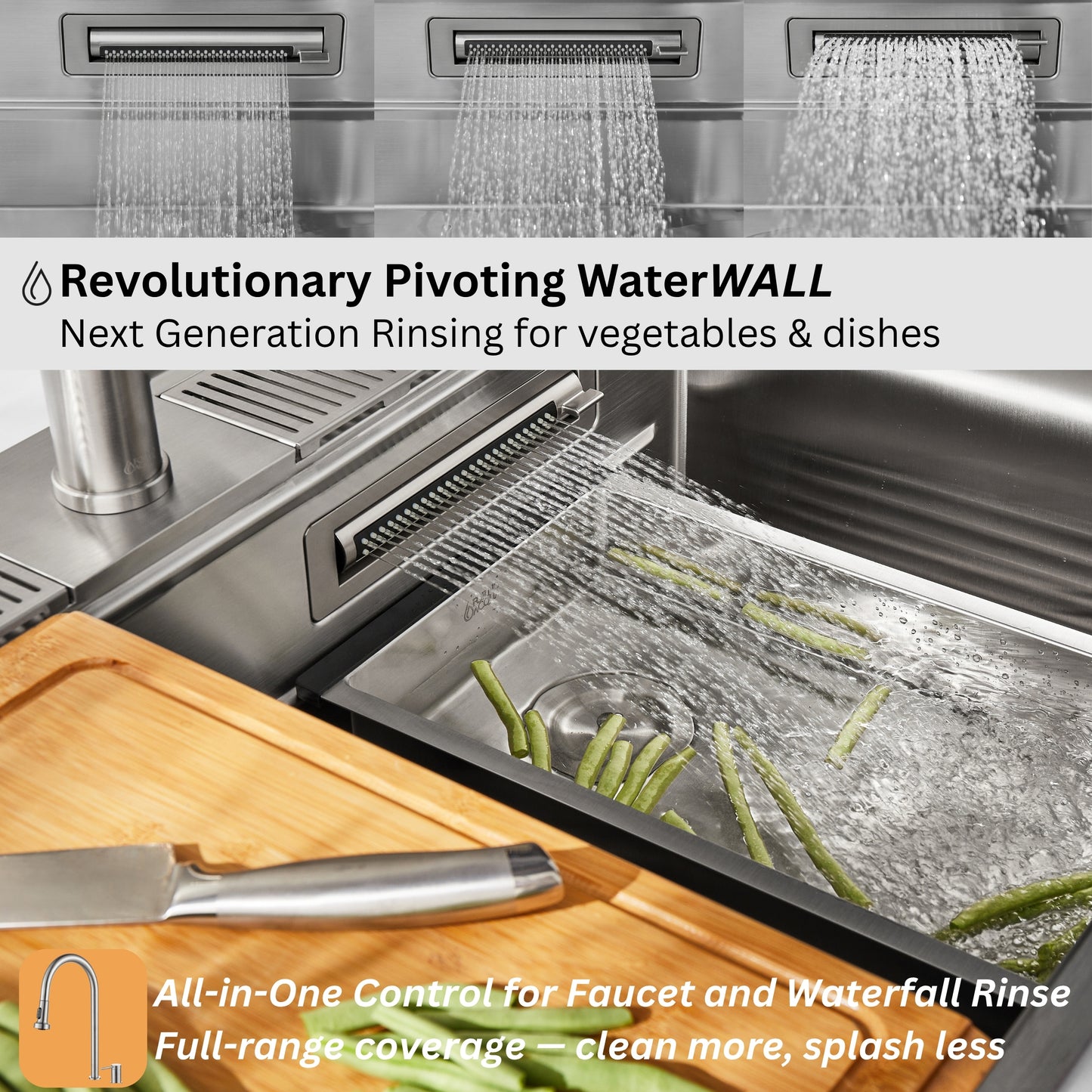 FORNO ACQUA 33 in. Drop-In/Undermount 3 Level Workstation Sink with Faucet, Waterfall & Glass Rinser