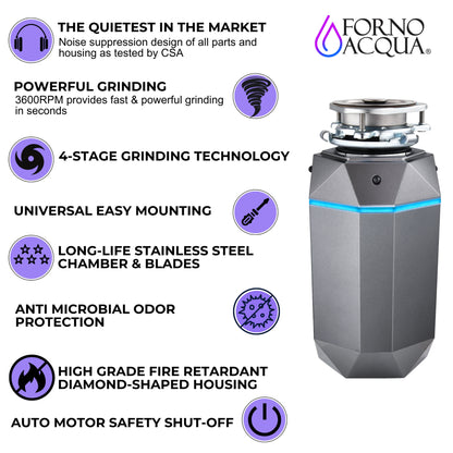 FORNO ACQUA BrightDIAMOND Black Onyx 3/4HP Super Quiet Garbage Disposal Corded with Motion Sensor Cabinet Light & Pre-Wired Air Switch