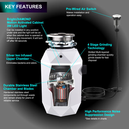 FORNO ACQUA BrightDIAMOND Moonstone 1HP Super Quiet Garbage Disposal Corded with Motion Sensor Cabinet Light & Pre-Wired Air Switch