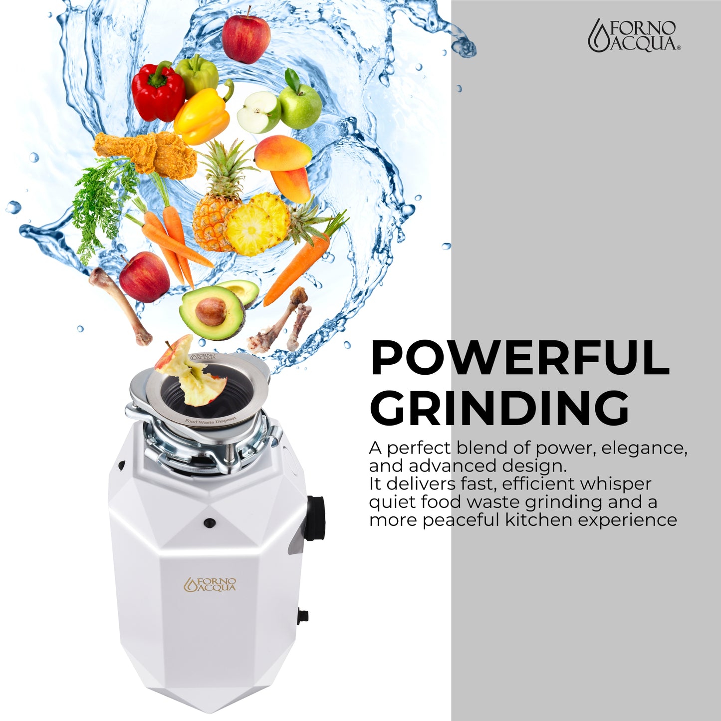 FORNO ACQUA BrightDIAMOND Moonstone 1HP Super Quiet Garbage Disposal Corded with Motion Sensor Cabinet Light & Pre-Wired Air Switch