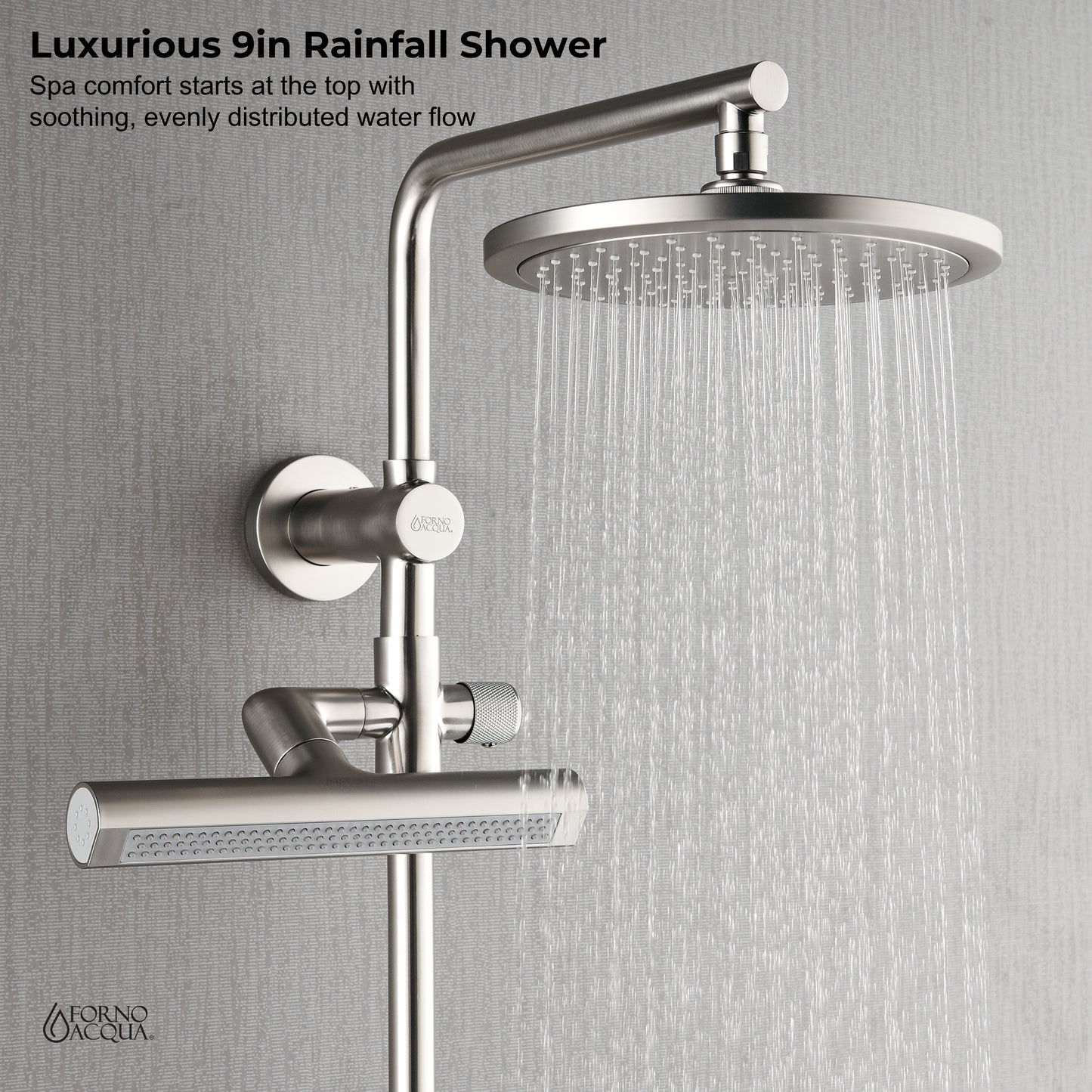 Forno Acqua AcquaFALL Shower, Brushed Nickel Finish, Overhead Rainfall Shower, Handheld Shower Head, Body Jets, 1.8 GPM Flow Rate