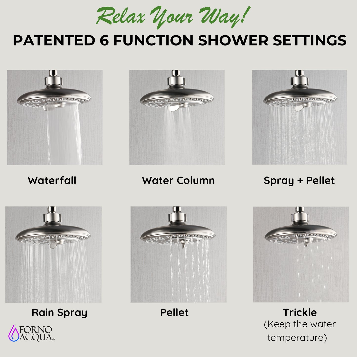 Forno Acqua AcquaFALL Shower, Brushed Nickel Finish, Overhead Rainfall Shower, 7 Way Diverter, Handheld Shower Head, Body Jets, 1.8 GPM Flow Rate