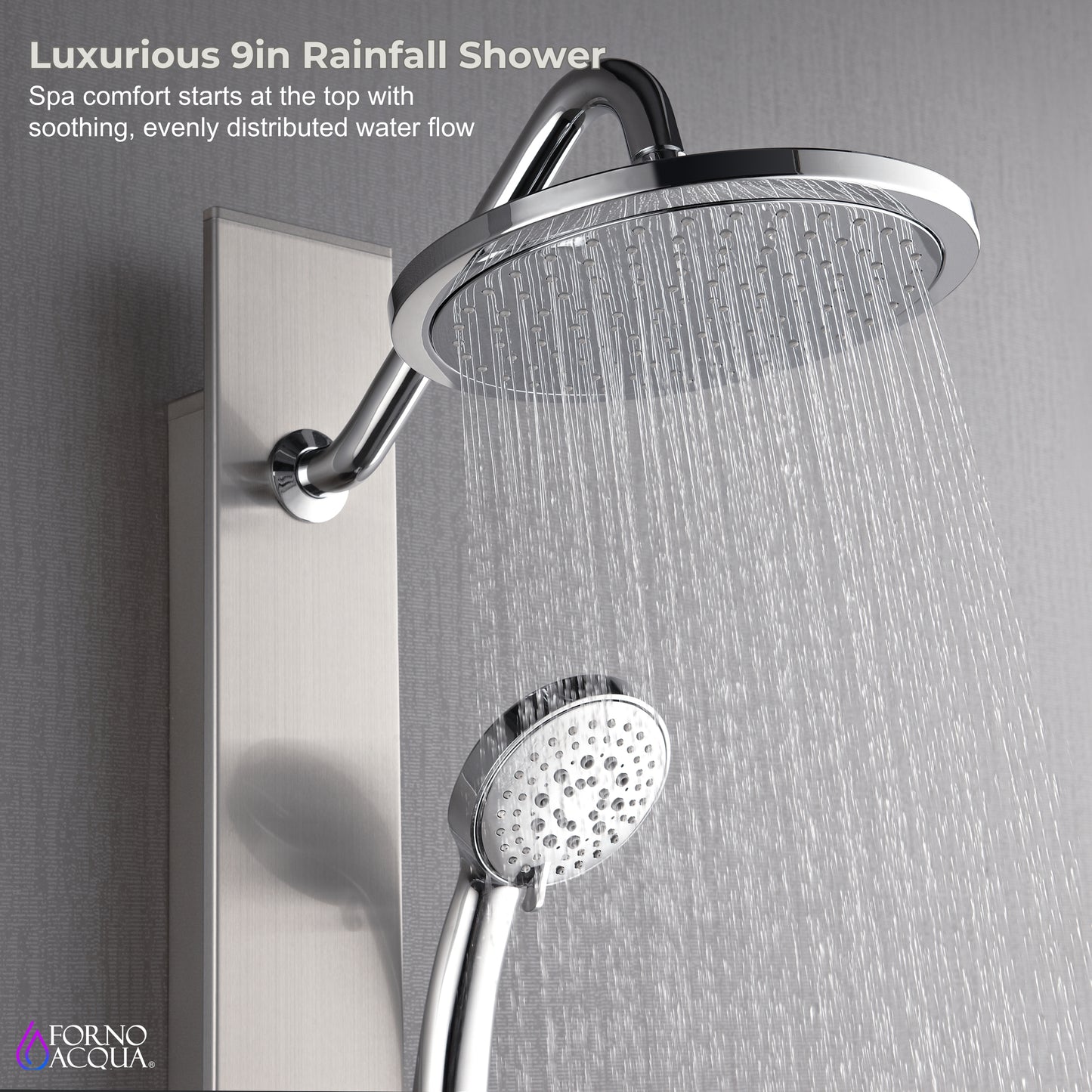 Forno Acqua AcquaSPA Shower Panel in Stainless Steel, Overhead Rainfall Shower, Handheld Shower Head, Body Jets, 1.8 GPM Flow Rate