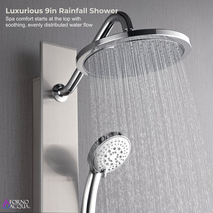 Forno Acqua AcquaSPA Shower Panel in Stainless Steel, Overhead Rainfall Shower, Handheld Shower Head, Body Jets, 1.8 GPM Flow Rate