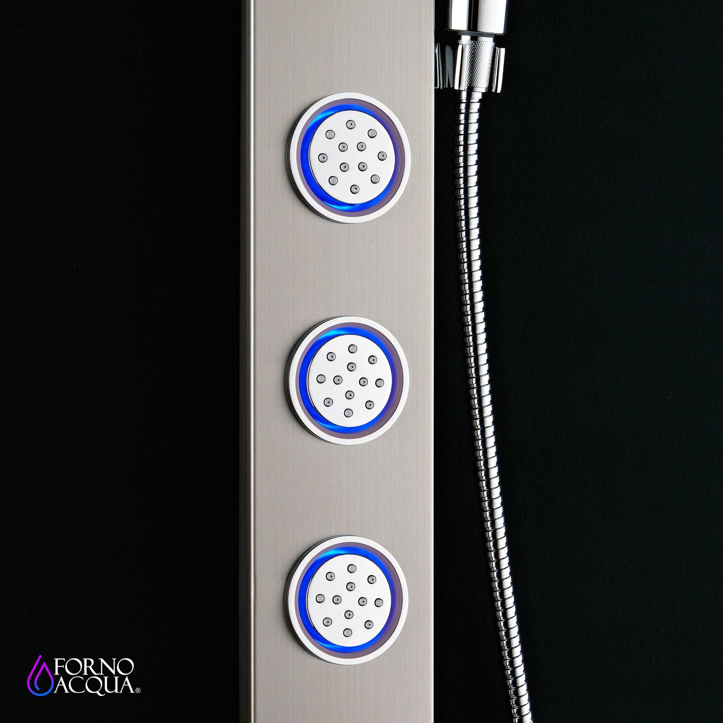 Forno Acqua AcquaSpa Shower Panel with SensoTemp, Stainless Steel, Overhead Rainfall Shower, Handheld Shower Head, Body Jets, 2.5 GPM Flow Rate