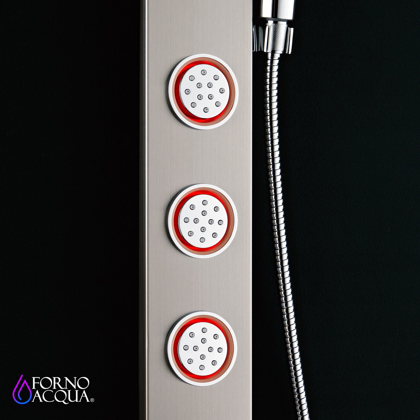 Forno Acqua AcquaSpa Shower Panel with SensoTemp, Stainless Steel, Overhead Rainfall Shower, Handheld Shower Head, Body Jets, 2.5 GPM Flow Rate