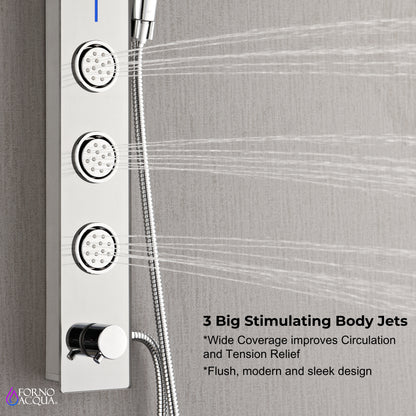 Forno Acqua AcquaSPA Shower Panel with SensoTEMP, Mirrored Stainless Steel Finish, Overhead Rainfall Shower, Handheld Shower Head, Body Jets, 2.5 GPM Flow Rate