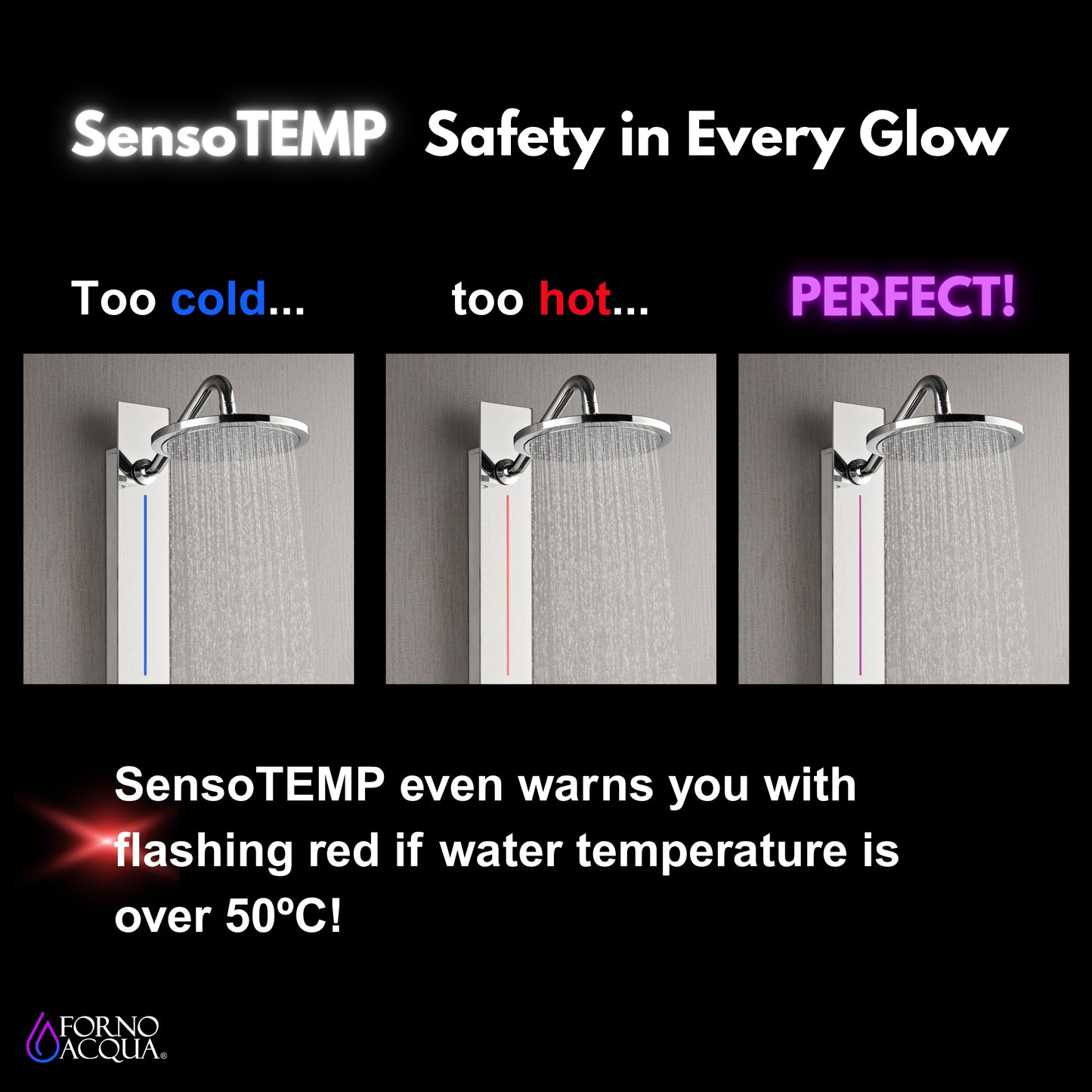 Forno Acqua AcquaSPA Shower Panel with SensoTEMP, Mirrored Stainless Steel Finish, Overhead Rainfall Shower, Handheld Shower Head, Body Jets, 1.8 GPM Flow Rate