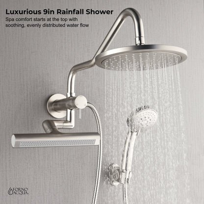 Forno Acqua AcquaFALL Mini Shower Head, Brushed Nickel Finish, Overhead Rainfall Shower, 7 Way Diverter, Handheld Shower Head, Body Jets, 1.8 GPM Flow Rate