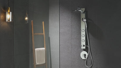 Forno Acqua AcquaSPA Shower Panel with SensoTEMP, Mirrored Stainless Steel Finish, Overhead Rainfall Shower, Handheld Shower Head, Body Jets, 2.5 GPM Flow Rate